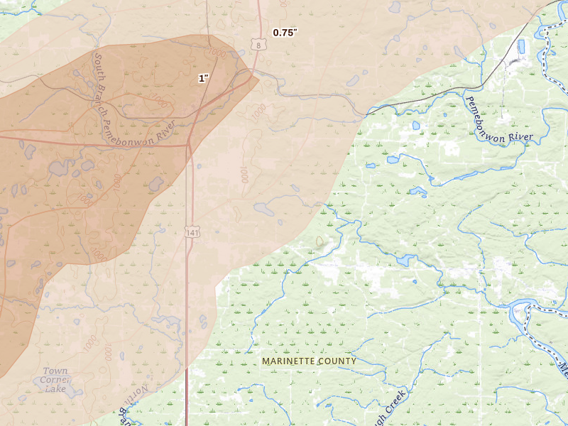 Radar-estimated hail-size map of the storm over Pembine, WI on Jun 30, 2026