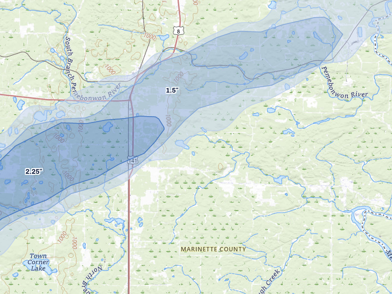 NEXRAD radar-signature map of the hail over Pembine, WI