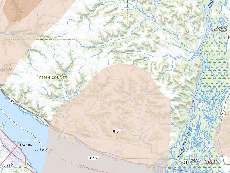 Radar-estimated hail-size map of the storm over Pepin, WI on Jun 10, 2026