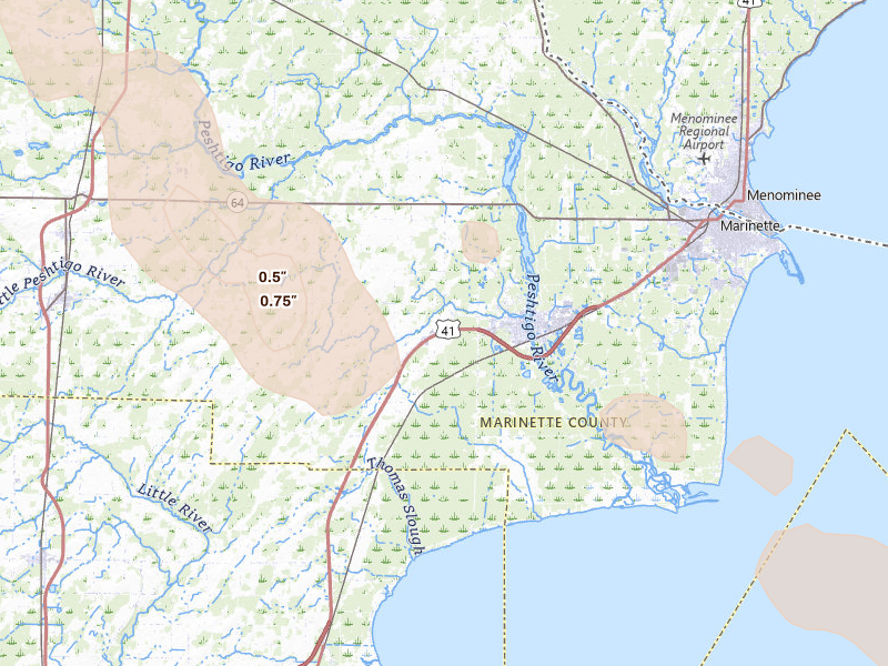 Radar-estimated hail-size map of the storm over Peshtigo, WI on Jul 27, 2026