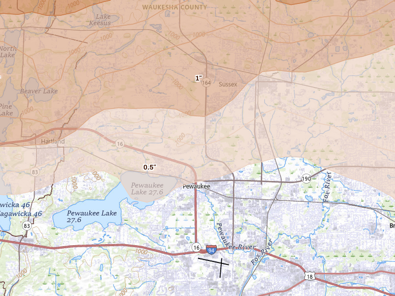 Radar-estimated hail-size map of the storm over Pewaukee, WI