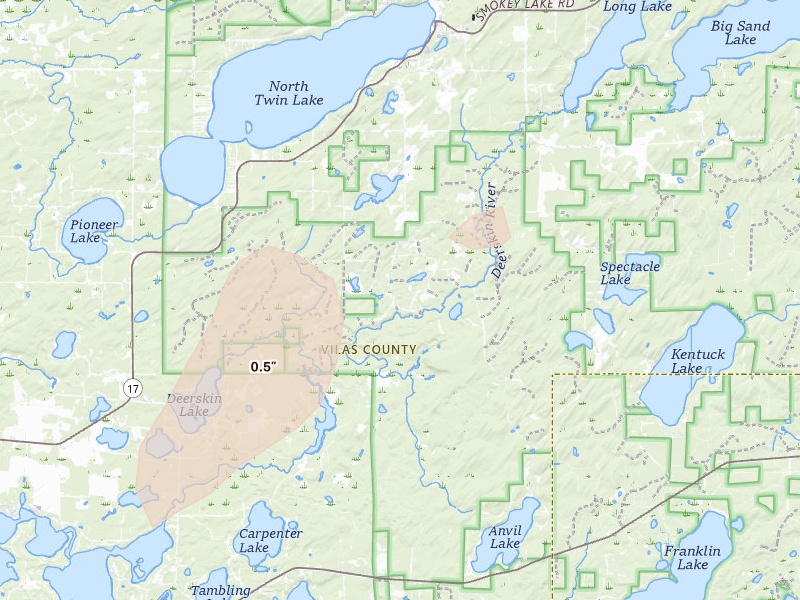 Radar-estimated hail-size map of the storm over Phelps, WI on Apr 17, 2026