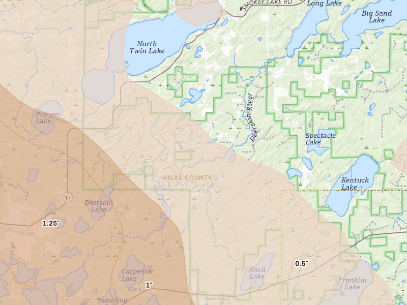 Radar-estimated hail-size map of the storm over Phelps, WI on Jul 27, 2026