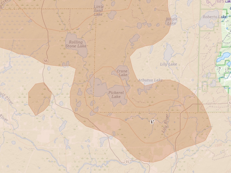Radar-estimated hail-size map of the storm over Pickerel, WI on Jul 27, 2026