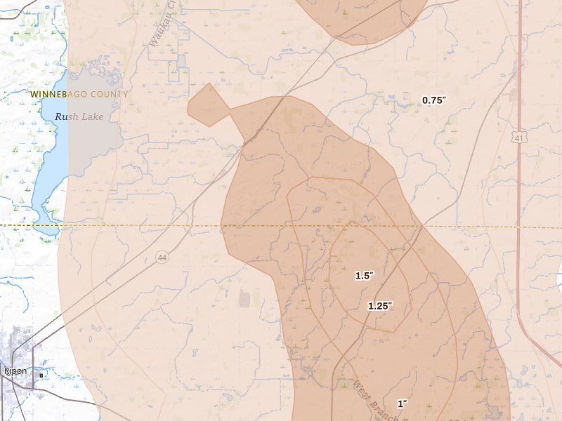 Radar-estimated hail-size map of the storm over Pickett, WI on Jul 27, 2026
