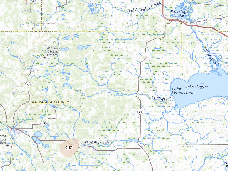 Radar-estimated hail-size map of the storm over Pine River, WI on Mar 31, 2026