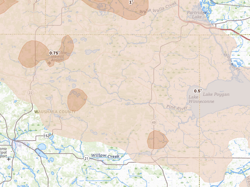 Radar-estimated hail-size map of the storm over Pine River, WI
