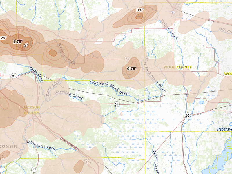 Radar-estimated hail-size map of the storm over Pittsville, WI on Apr 13, 2026