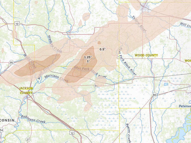 Radar-estimated hail-size map of the storm over Pittsville, WI on Apr 17, 2026