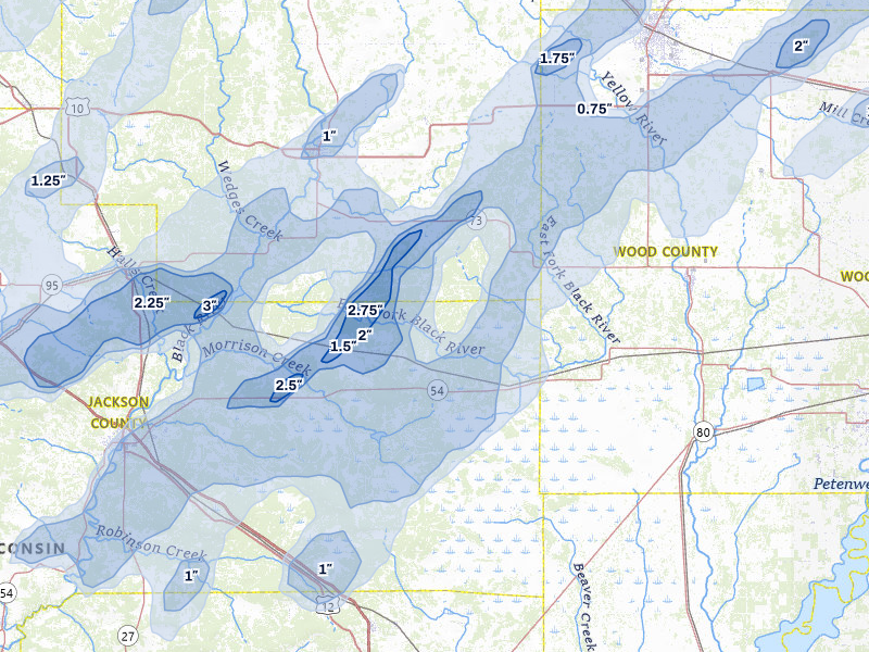 NEXRAD radar-signature map of the hail over Pittsville, WI