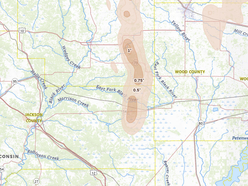 Radar-estimated hail-size map of the storm over Pittsville, WI on May 27, 2026
