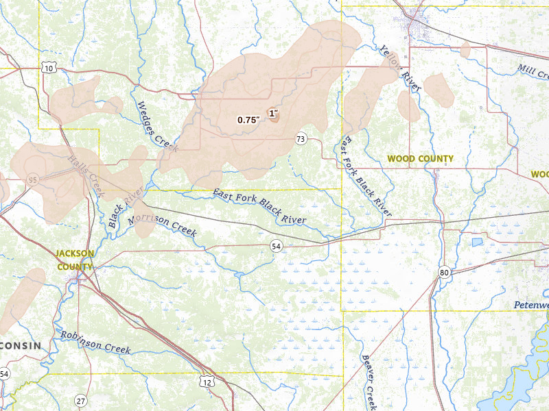 Radar-estimated hail-size map of the storm over Pittsville, WI on Jun 10, 2026