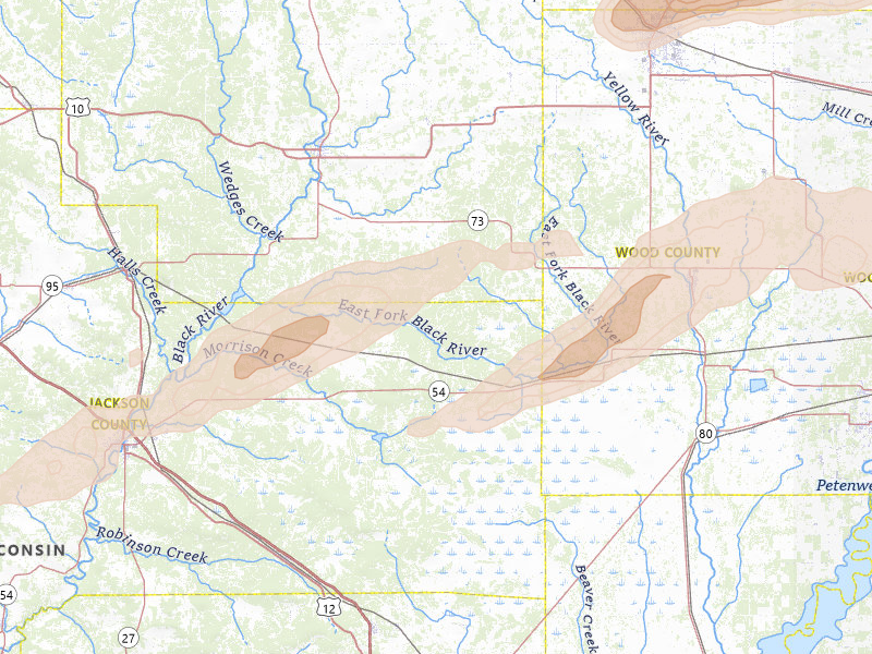 Radar-estimated hail-size map of the storm over Pittsville, WI on Jun 30, 2026