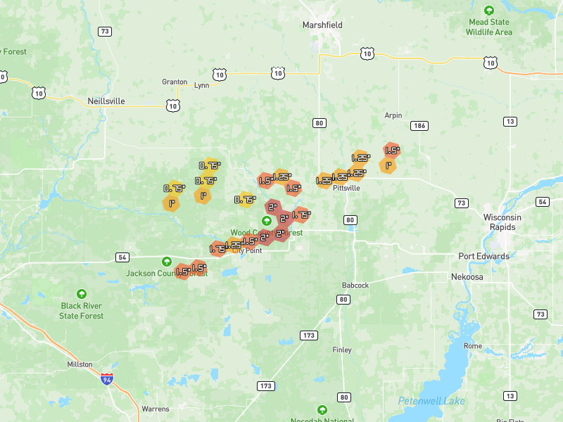 Hail map of Pittsville, WI on Jun 30, 2026, hail up to 2"