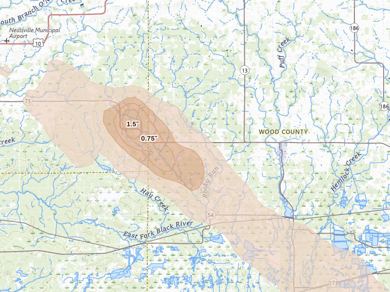 Radar-estimated hail-size map of the storm over Pittsville, WI on Aug 11, 2026