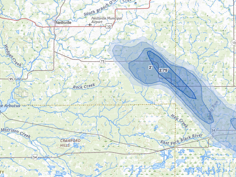 NEXRAD radar-signature map of the hail storm over Pittsville, WI on Aug 11, 2026