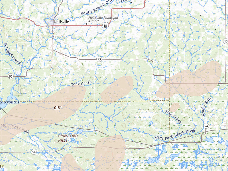 Radar-estimated hail-size map of the storm over Pittsville, WI on Sep 1, 2026