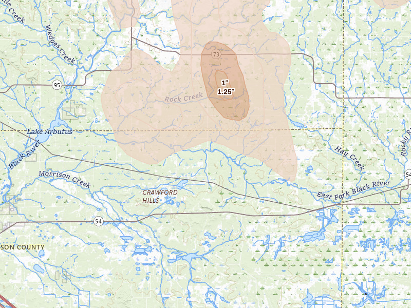 Radar-estimated hail-size map of the storm over Pittsville, WI on Sep 4, 2026