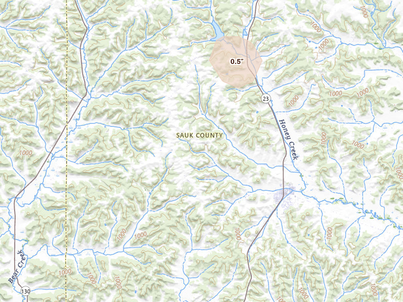 Radar-estimated hail-size map of the storm over Plain, WI on Aug 18, 2026