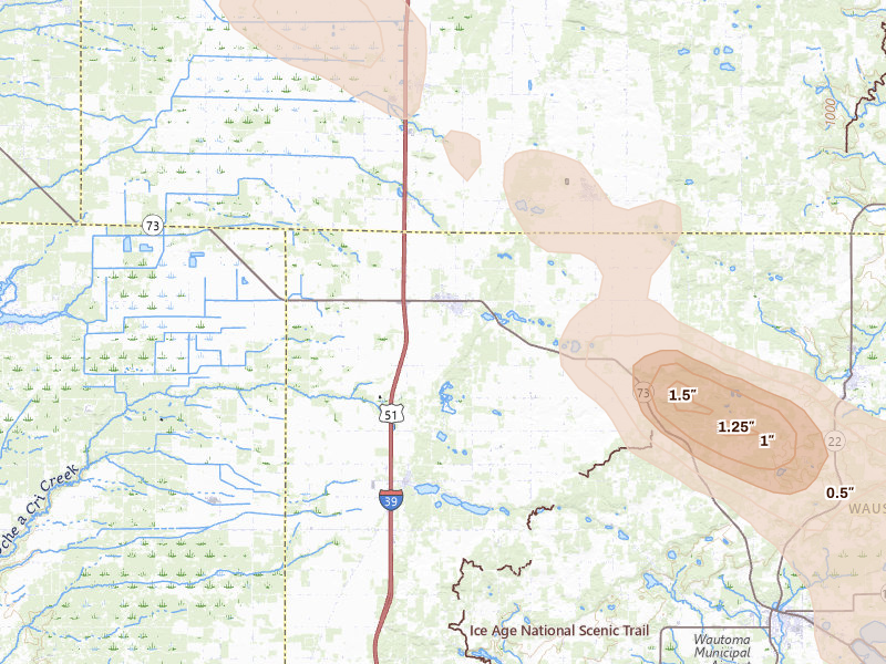 Radar-estimated hail-size map of the storm over Plainfield, WI