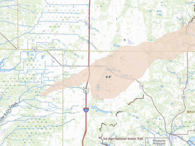 Radar-estimated hail-size map of the storm over Plainfield, WI on Jun 30, 2026
