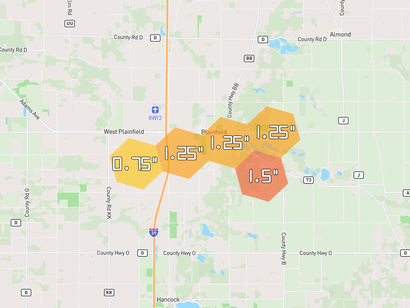 Hail map of Plainfield, WI on Jun 30, 2026, hail up to 1.5"