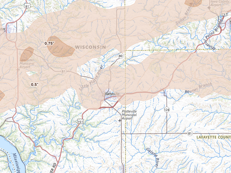 Radar-estimated hail-size map of the storm over Platteville, WI on Jul 2, 2026