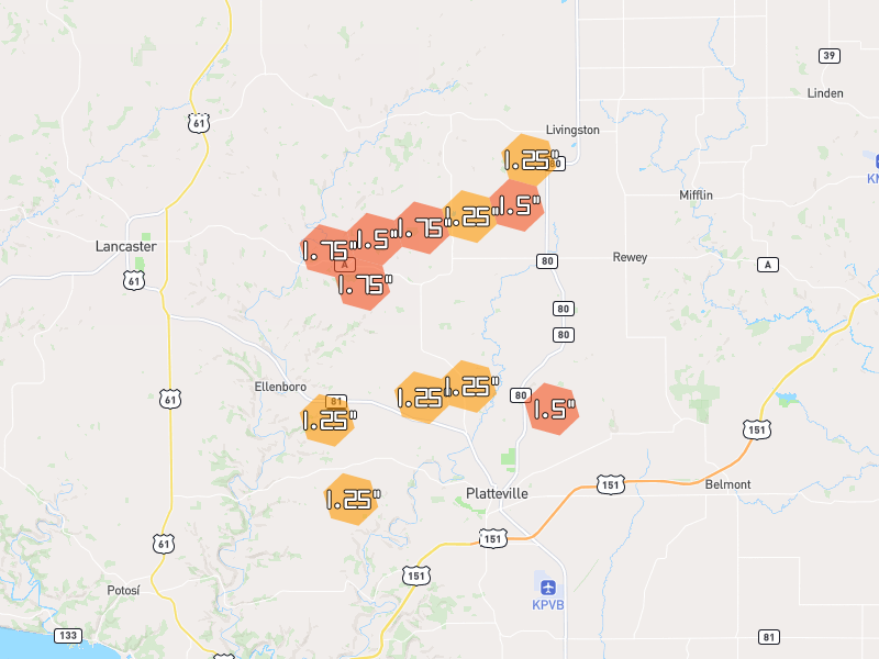 Hail map of Platteville, WI on Jul 2, 2026, hail up to 1.75"
