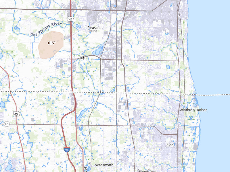 Radar-estimated hail-size map of the storm over Pleasant Prairie, WI on Apr 17, 2026