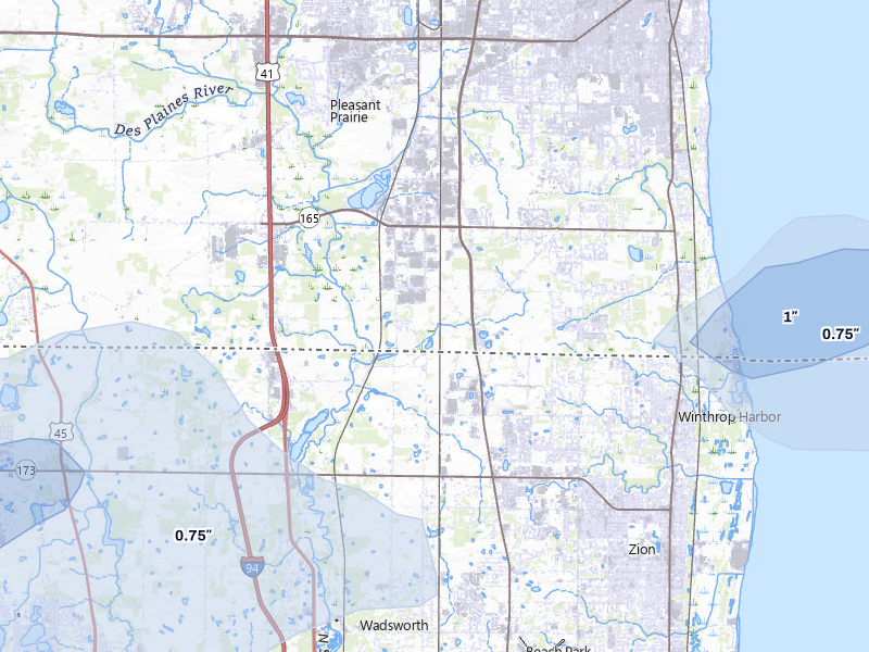 NEXRAD radar-signature map of the hail storm over Pleasant Prairie, WI on Jul 3, 2026