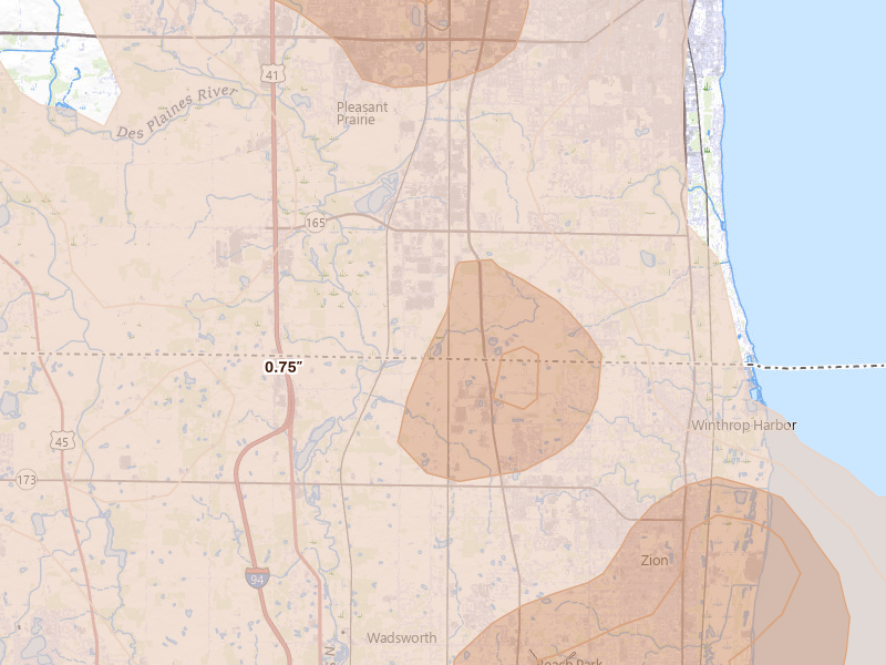 Radar-estimated hail-size map of the storm over Pleasant Prairie, WI on Jul 27, 2026