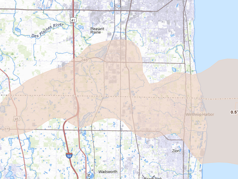 Radar-estimated hail-size map of the storm over Pleasant Prairie, WI on Aug 9, 2026