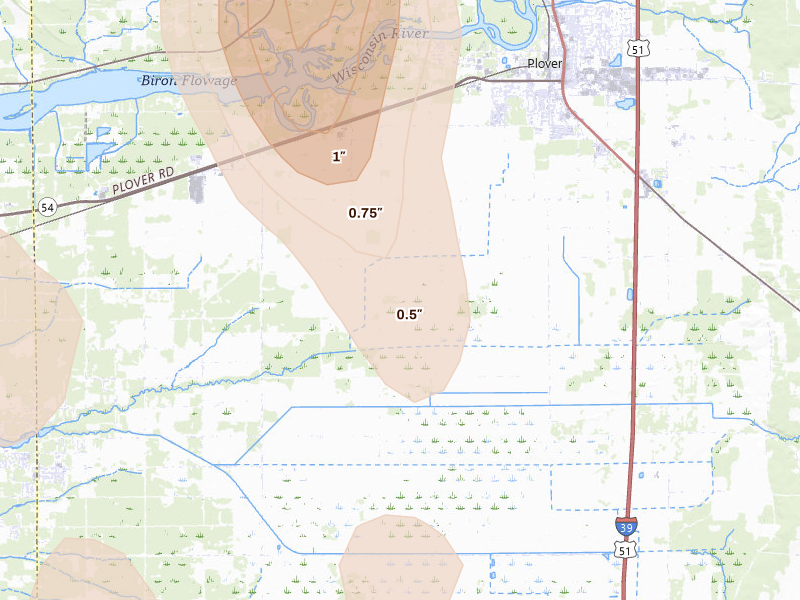 Radar-estimated hail-size map of the storm over Plover, WI on May 27, 2026