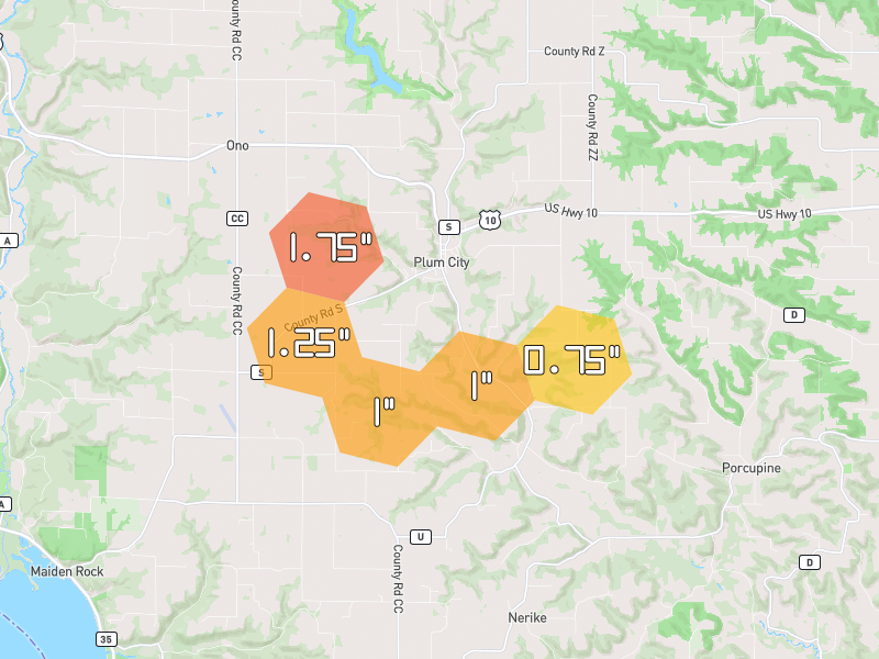 Hail map of Plum City, WI on Jun 5, 2026, hail up to 1.75"