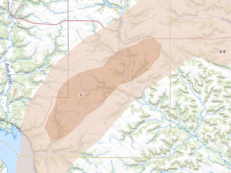 Radar-estimated hail-size map of the storm over Plum City, WI on Jun 10, 2026