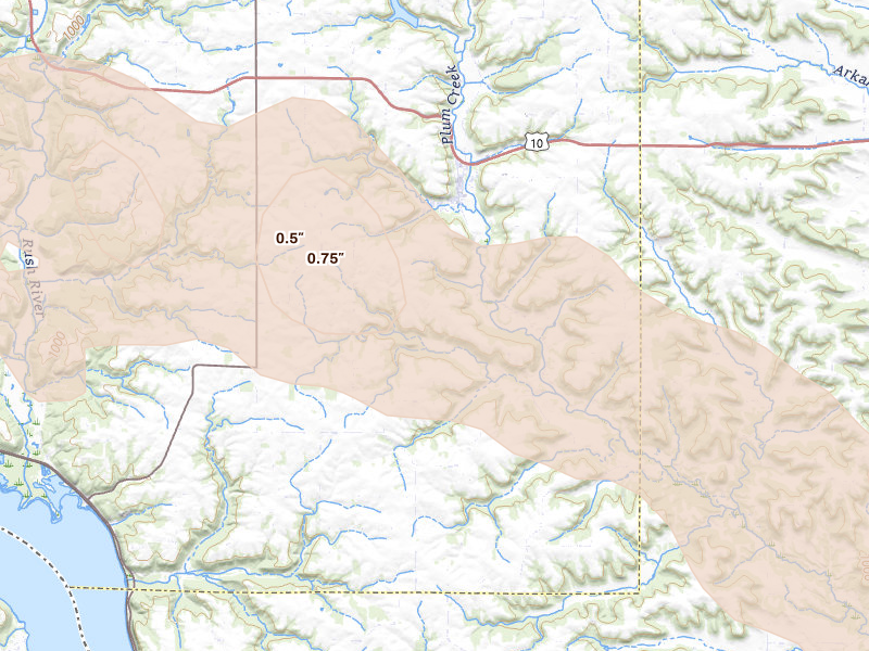 Radar-estimated hail-size map of the storm over Plum City, WI on Jun 19, 2026