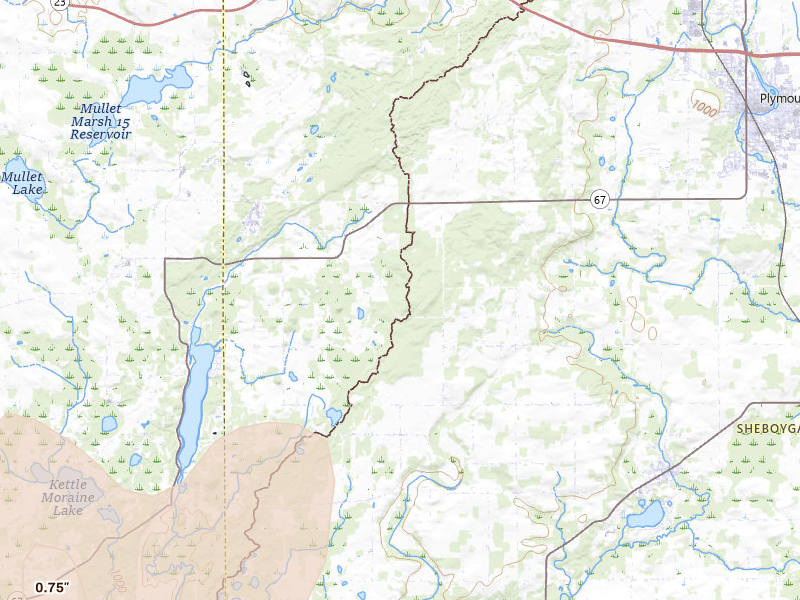 Radar-estimated hail-size map of the storm over Plymouth, WI on May 15, 2026