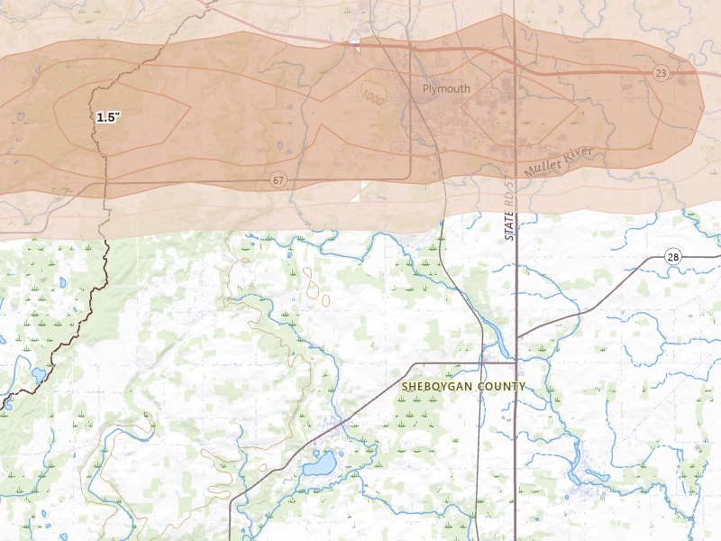 Radar-estimated hail-size map of the storm over Plymouth, WI on Jul 1, 2026