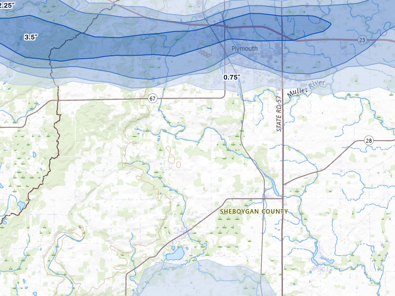NEXRAD radar-signature map of the hail storm over Plymouth, WI on Jul 1, 2026