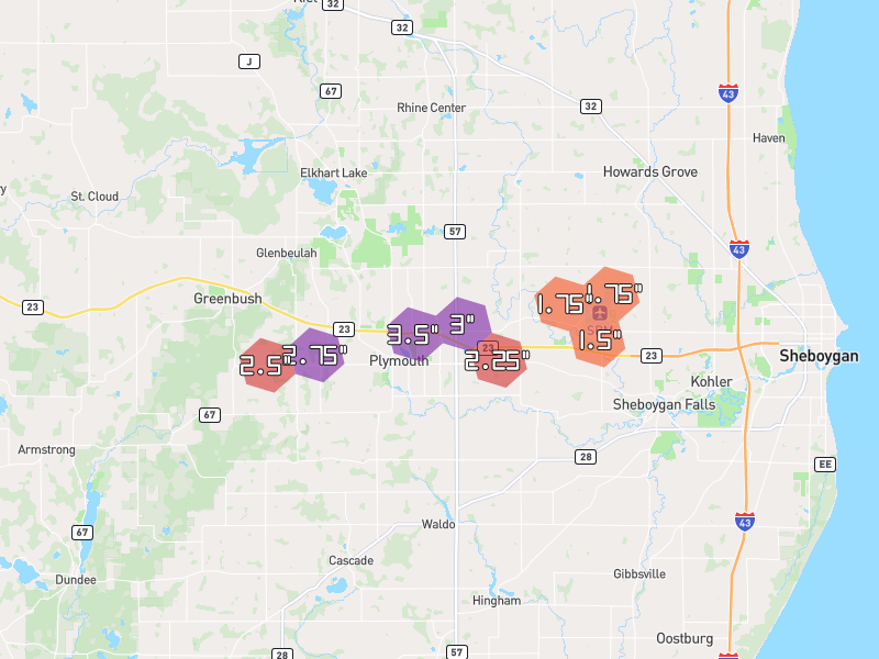 Hail map of Plymouth, WI on Jul 1, 2026, hail up to 3.5"