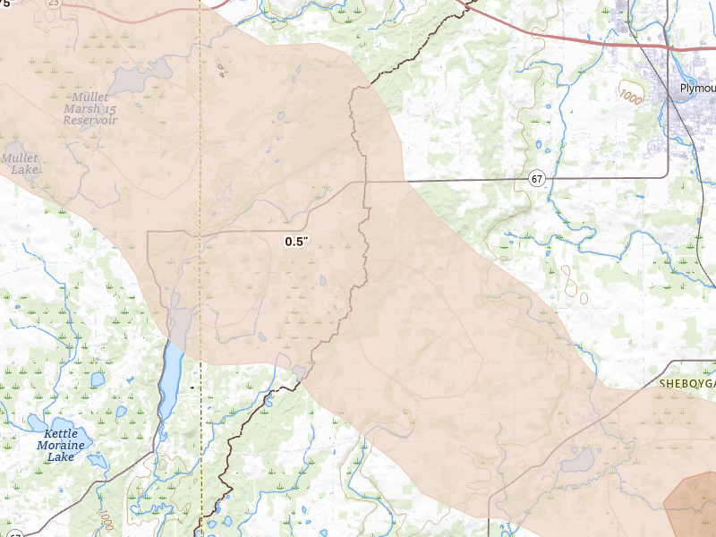 Radar-estimated hail-size map of the storm over Plymouth, WI on Sep 3, 2026
