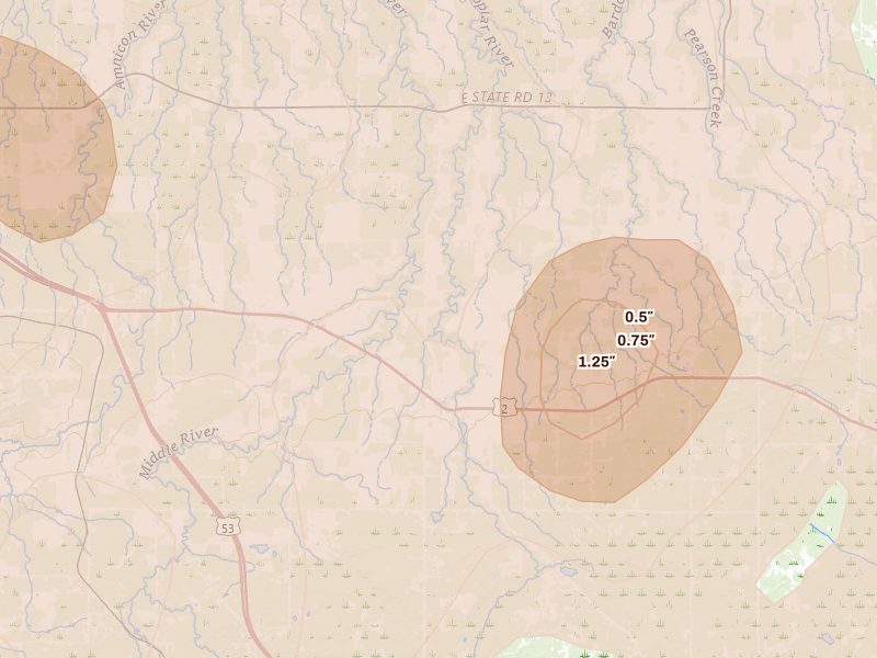 Radar-estimated hail-size map of the storm over Poplar, WI on Jun 29, 2026