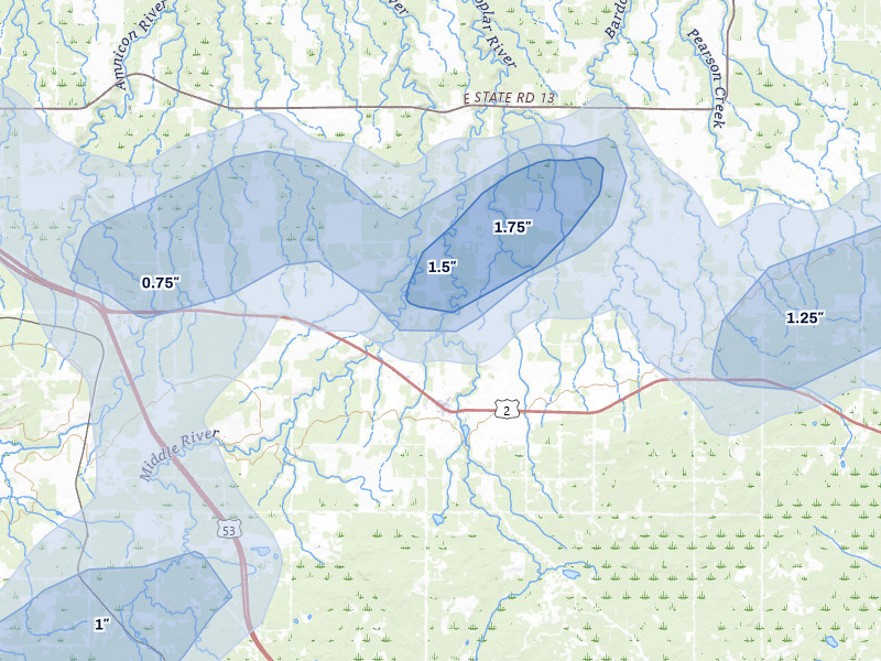 NEXRAD radar-signature map of the hail storm over Poplar, WI on Jun 29, 2026