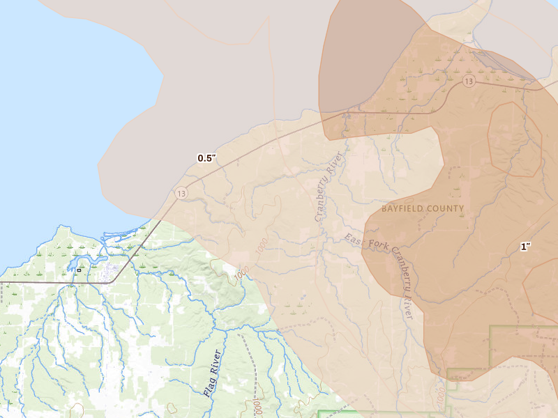Radar-estimated hail-size map of the storm over Port Wing, WI on Jul 17, 2026