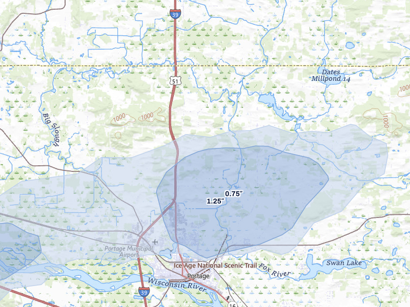 NEXRAD radar-signature map of the hail over Portage, WI