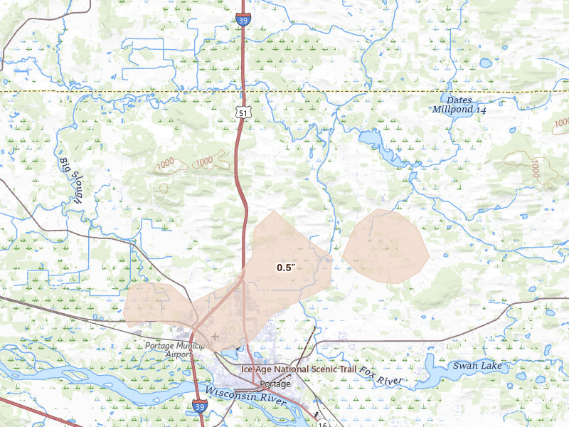 Radar-estimated hail-size map of the storm over Portage, WI on Jun 30, 2026