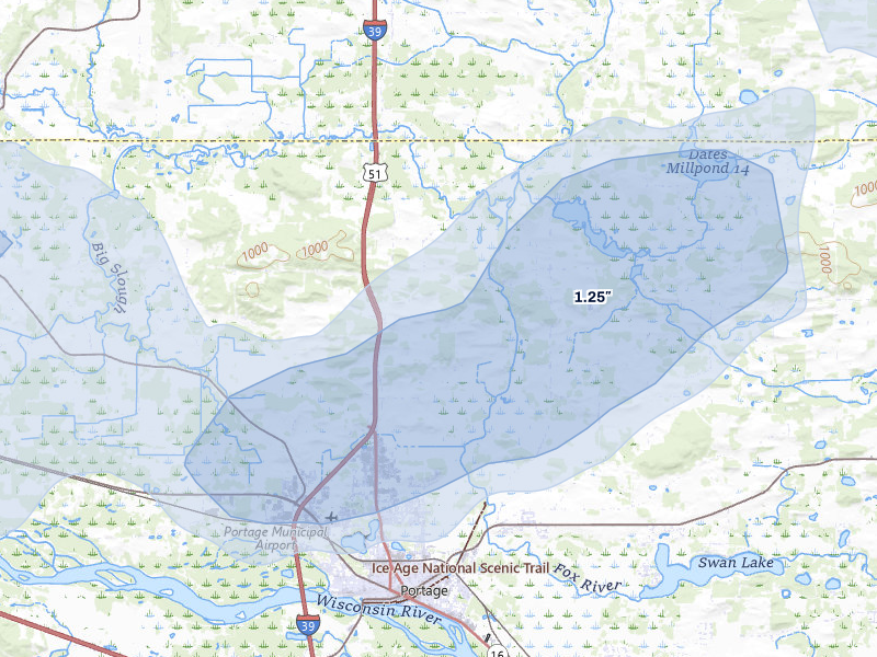 NEXRAD radar-signature map of the hail storm over Portage, WI on Jun 30, 2026