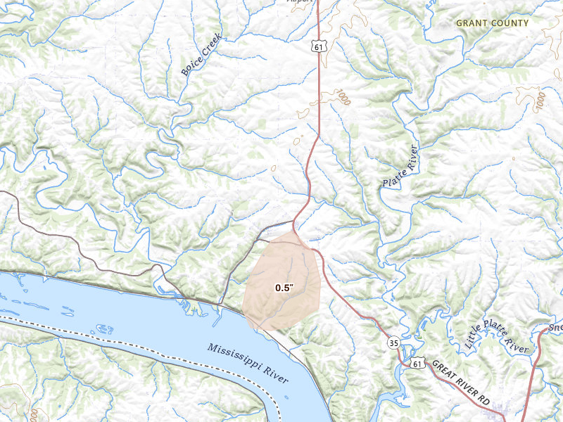 Radar-estimated hail-size map of the storm over Potosi, WI on Mar 10, 2026