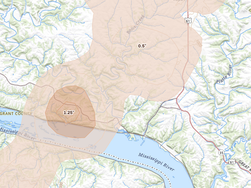 Radar-estimated hail-size map of the storm over Potosi, WI on Apr 17, 2026