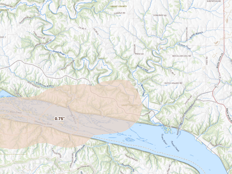 Radar-estimated hail-size map of the storm over Potosi, WI